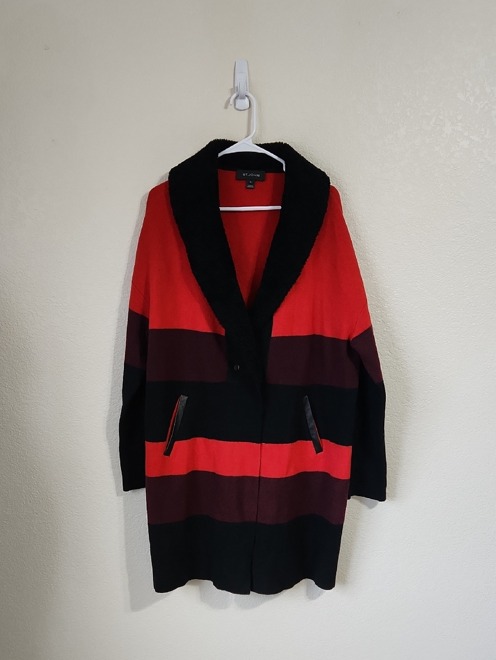 St. John Red/Black Wool Striped Sweater Jacket Fur Collar Size XL - Picture 4 of 13